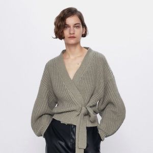 Zara Cropped Green Tie Cardigan